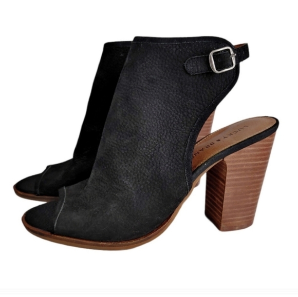 Lucky Brand Black Pebble Leather Open Toe Stacked Heels Women's Size 9.5 - Picture 3 of 9